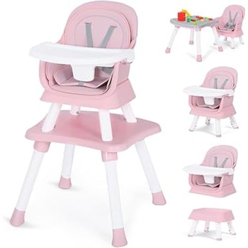 Kinder King 8 in 1 Baby High Chair, Coverts to Dining Booster Seat/Kids Table & Chair Set/Toddler Building Block Table/Kids Stool, Removable Tray & Double Seat Cover, Easy to Wipe, Pink & White