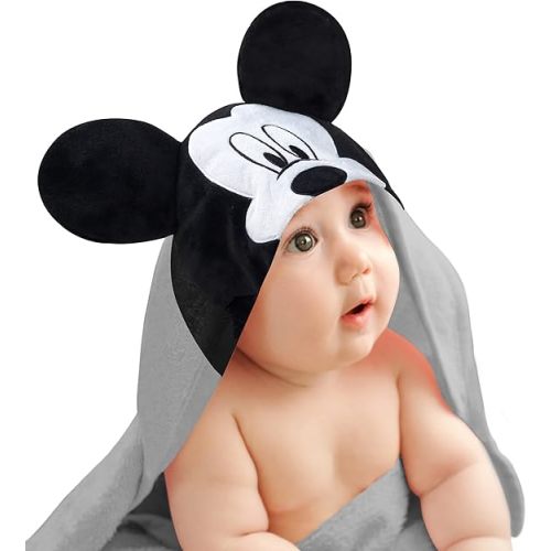 Lambs & Ivy Disney Baby Mickey Mouse Gray Cotton Hooded Baby Bath Towel