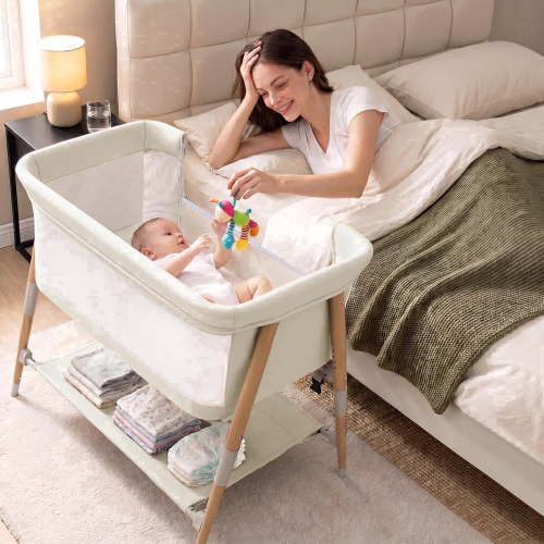 3 in 1 Bassinet for Baby & Newborn,Infant Bedside Sleeper Crib W/4 Wheels,Adjustable 5 Height,Mattress,Mosquito Net,Basket,Carry Bag,White