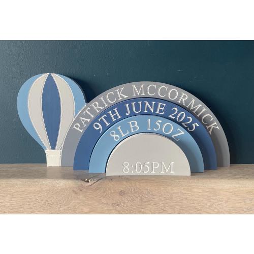 Personalised hot air balloon stacker, new baby gift, engraved hot air balloon, birth details gift
