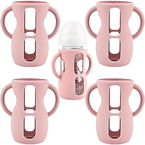 4 Pack Silicone Sleeves for Avent Natural Glass Baby Bottles, Silicone and Easy-Grip Handles for Drop Protection, Compatible with Philips Avent 4/8 OZ Glass Bottle (Cute Pink, 8 OZ)