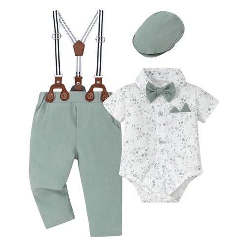 Baby Boy Clothes Suits Infant Tuxedo Gentleman Dress Shirt with Bowtie Beret Suspender Pants Outfit Sets 0-18M