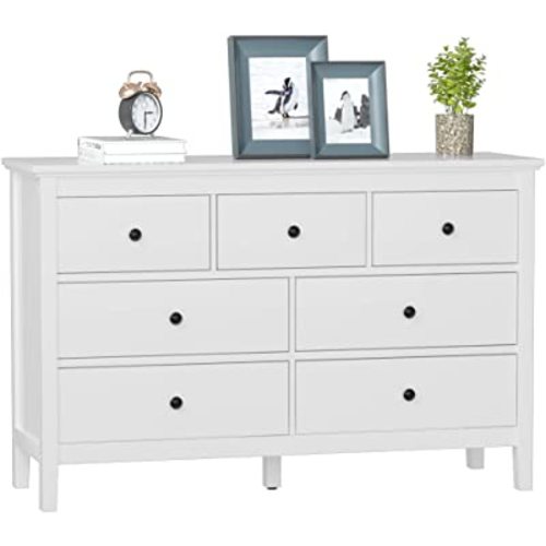 CARPETNAL White Modern Dresser for Bedroom, 7 Drawer Double Dresser with Wide Drawer and Metal Handles, Wood Dressers & Chests of Drawers for Hallway, Entryway.
