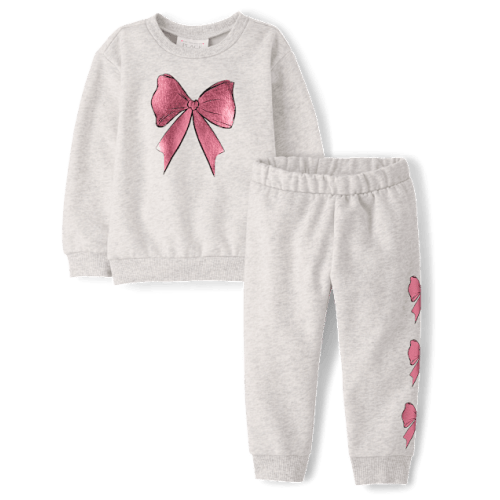 Toddler Girls Foil Bow Premium Fleece 2-Piece Outfit Set - Gray