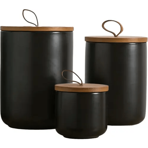 Canister Sets for Kitchen, Black Ceramic Kitchen Canisters for Countertop with Airtight Wood Lids, Large Flour and Sugar Containers for Coffee, Tea, Spice (Set of 3)