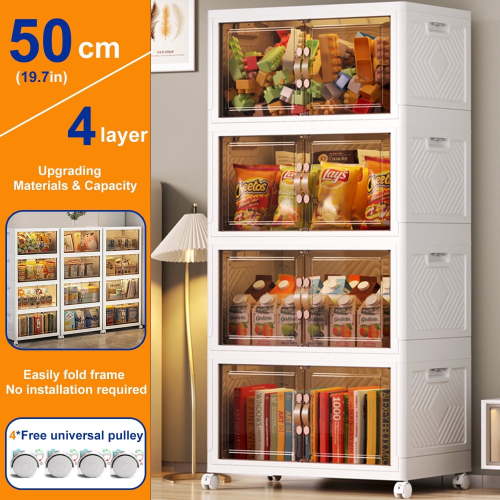 Storage Bins with Lids- 4 Tier Folding Storage box with Doors and Wheels, Collapsible Plastic Storage Bins for Closets, Stackable Storage Organizer, Storage Containers for Closet, White