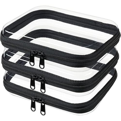3-PCS Medium Clear Hard Shell Zipper Pouches, Clear Zipper Bags (3M, Black)
