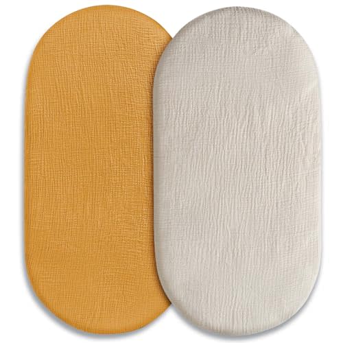 Muslin Bassinet Fitted Sheets 2 Pack, Soft Breathable Cotton Baby Bassinet Mattress Sheet Set, 360° Elastic Snug Fit, Universal for Oval, Rectangle & Hourglass Cradle, Baby Bedding (Elegant Colors)