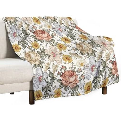Floral Blanket, Plant Watercolor Flower Colorful Flowers Printed Blanket, Super Soft Flannel Throw Blanket for Bed Sofa (330GSM Flannel) 50""x70""in, Style-1