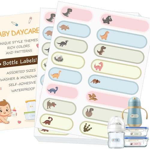 480Pcs Baby Bottle Labels for Daycare Essentials, Dinosaurs | Waterproof Name Labels for Kids, Self-Laminating, 2 Sizes, For Bottles, Cups, Lunch Boxes, Nursery And Preschool Use