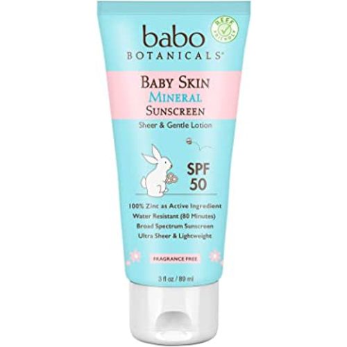 Babo Botanicals Baby Skin Mineral Sunscreen Lotion SPF 50 Broad Spectrum - with 100% Zinc Oxide Active – Fragrance-Free, Water-Resistant, Ultra-Sheer & Lightweight - 3 fl. oz.