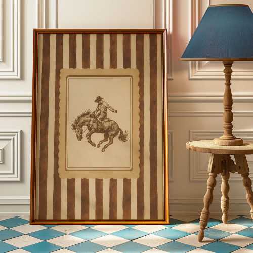 Vintage Western Cowboy Poster - Rustic Rodeo Wall Art With Stripes - Bronco Rider Poster for Farmhouse or Man Cave Decor - Cowboy Gift Idea