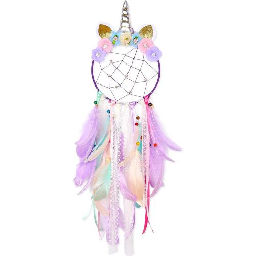 QtGirl Unicorn Dream Catcher for Kids Girls Toddler Bedroom Wall Decor | Dream Catcher, Handmade Wall Decoration, with Colorful Feathers & Pearls, Toddler Girl Room Decor, For Bedroom Display