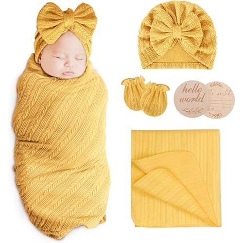 Newborn Receiving Blanket with Bow Hat Headband Wooden Card Set Wheat-Pattern Newborns Toddler Baby Boy Girl Nursery Swaddle Wrap