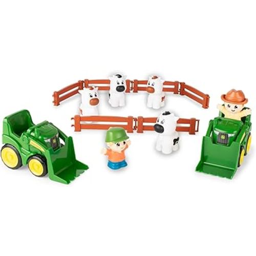TOMY The Cows are Out! Farm Animal Playset - Includes John Deere Tractor Toys, Fencing, 2 Farmer Figures, and 4 Cow Toys - Kids and Stocking Stuffers - 14 Count - Ages 18 Months and Up