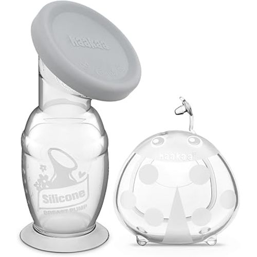 haakaa 100ml Manual Breast Pump with Leakproof Silicone Lid and 75ml Wearable Ladybug Breast Milk Collector Combo for Breastfeeding - Grey Cap