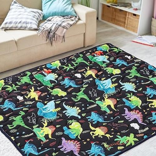 Baby Play Mat 50 x 50, Thicker Infant Crawling Mat, Non-Slip Baby Playmat for Floor, Foldable and Machine Washable Floor Mat, Black Dinosaur