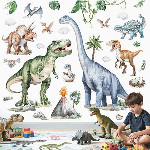 wondever Large Dinosaur Wall Stickers Watercolor Tropical Animals Dino Plants Volcano Wall Art Decals for Boys Room Baby Nursery Kids Bedroom