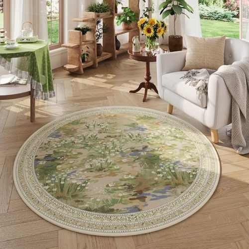 Rugcomf Circle Rug Impressionist-Style Vintage Round Rug 6ft Non Slip Low Pile Small Circular Rug for Bedroom Bathroom Entryway Kids Room Office College Dorm, Beige