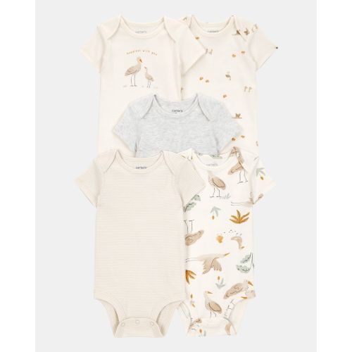 Baby 5-Pack Striped Birds Short-Sleeve Cotton Bodysuits - Ivory