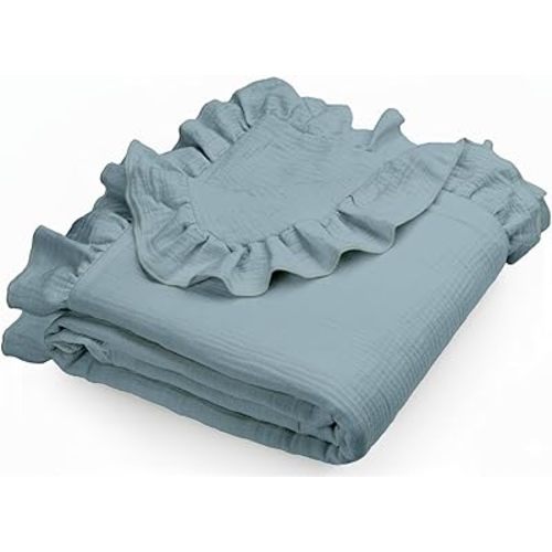 Muslin Ruffled Baby Blanket, Extra Large 52 x 52 Inches, Soft Breathable Cotton Crib Blanket for Newborn Infant Toddler (Costume Blue-Ruffled, Printed)