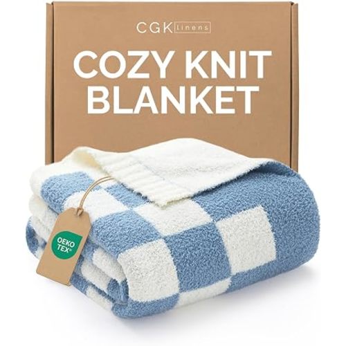Super Soft Throw Blanket - Checkered Blanket for Couch, Bed, Sofa, Chair - Lightweight Warm Double Sided Knit - All Season Cozy, Fuzzy, Anti-Static Microplush Blanket for Women - 50x60 (Blue/Cream)