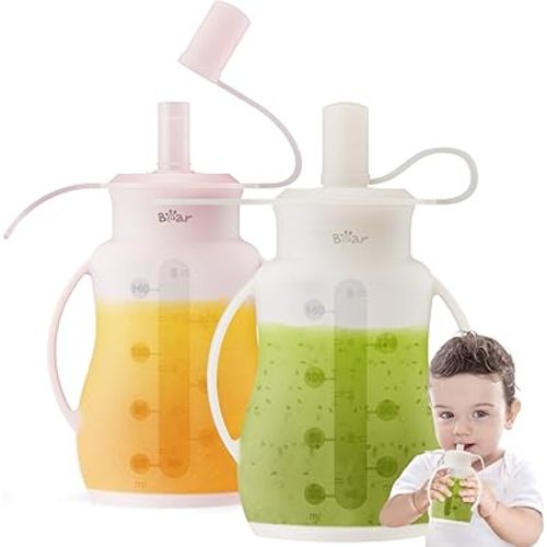 Bear Reusable Silicone Baby Food Pouches for Toddlers, BPA Free Food Grade, 2 Pack Baby Food Containers, Refillable Squeeze Pouch for Kids, Dishwasher&Freezer Safe, 5oz, 6m+