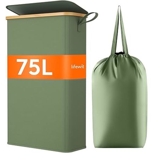 Lifewit 75L Slim Laundry Hamper with Lid, Narrow Laundry Basket with Removable Bag & Bamboo Handles, Fodable Thin Dirty Clothes Hamper for Laundry Collapsible Bin for Bathroom Bedroom Dorm, Green