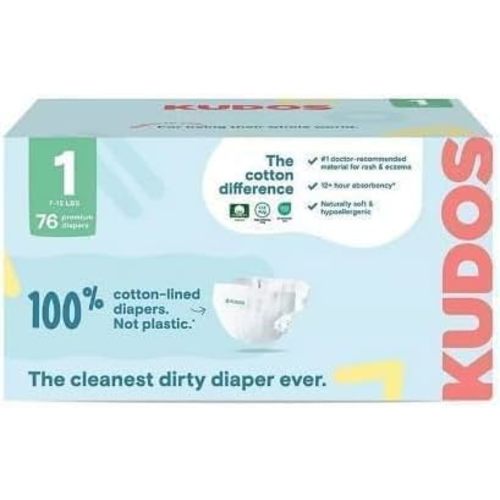 Kudos Chlorine Free Premium Diapers, Cotton-Lined, (Size 1, 76 Count, 7-12 lbs)