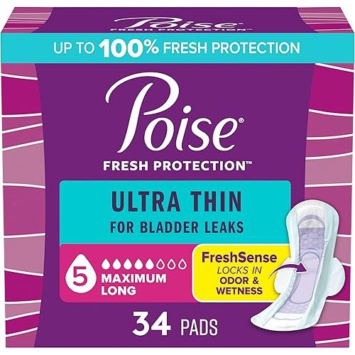 Poise Ultra Thin Incontinence & Postpartum Pads with Wings for Bladder Leaks, 5 Drop Maximum Absorbency, Long Length, 34 Count, Packaging May Vary