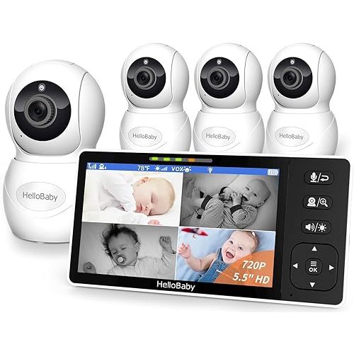 HelloBaby 5.5" 720P HD Baby Monitor with 4 Cameras,Split Screen Display,Video Baby Monitors,No WiFi,Remote Pan/Tilt/Zoom,Night Light,4000mAh Battery,Wide View,Ideal for Twins/Multiple Children