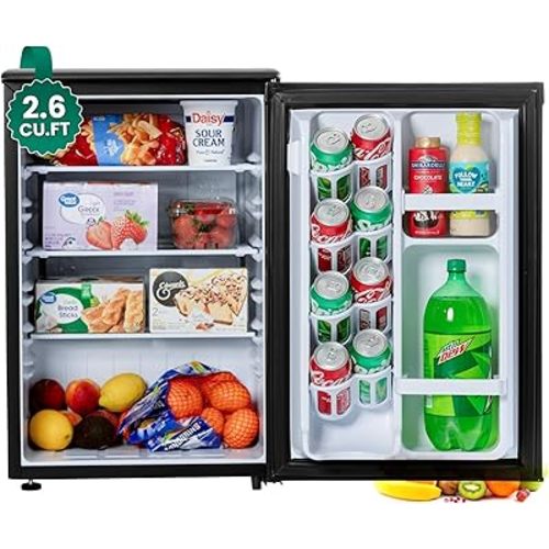 roomwell E-Star 2.6 Cu Ft Mini Fridge without Freezer - Black Mini Fridge AUTO DEFROST, Reversible Single Door, Glass Shelf Refrigerator - A Space-Saving Marvel for Your Bedroom, Dorm, and Office