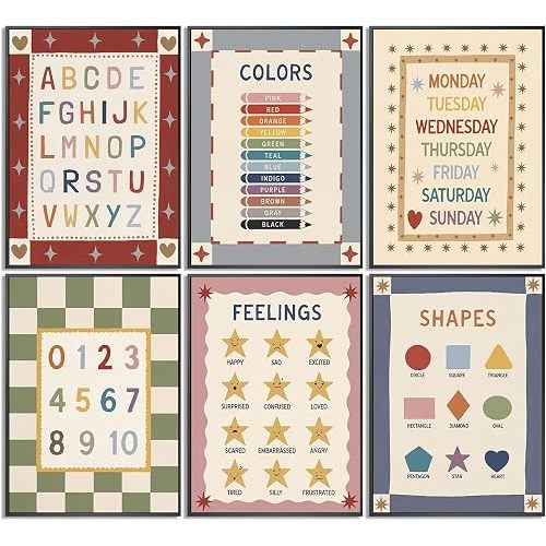 6Pcs Educational Nursery Canvas Wall Art, Kids Learning Alphabet Painting Picture Wall Decor, Preschool Numbers Poster Print Artwork for Children Room, Kindergarten, Home Decoration 8x10in Unframed