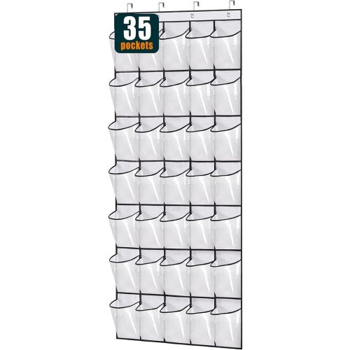 MISSLO 35 Clear Large Pockets Over The Door Shoe Organizer Sturdy Oxford Fabric Hanging Shoe Rack Closet Shoe Holder Hanger, White