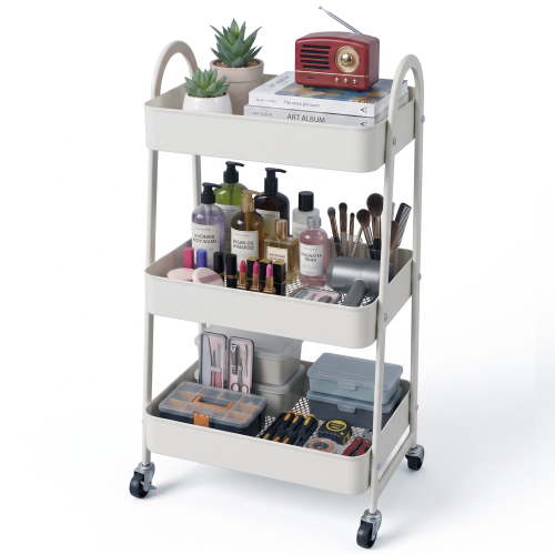 EDX 3 Tier Metal Rolling Cart, Lockable Wheels, Mesh Basket Organizer, White