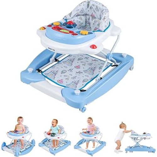 HONEY JOY Baby Walker, 6-in-1 Foldable Baby Walker and Bouncer Combo, Infant Activity Walker with Wheels, Adjustable Heights, Rocker, Music, Lights, Walker for Baby Boy Girl 7-14 Months (Blue)