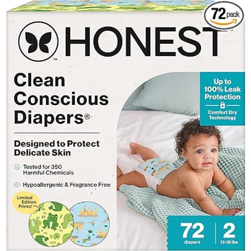 The Honest Company Clean Conscious Diapers®, Up to 100% Leak Protection, Designed to Protect Delicate Skin, Hypoallergenic + Fragrance-Free, UR Ribbiting + Waddle It Be, Club Box, Size 2, 72 Count