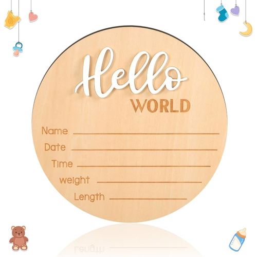 Wooden Hello World Newborn Sign - 5.9 Inch Birth Announcement Plaque for Photo Props, Baby Shower, Hospital Nursery