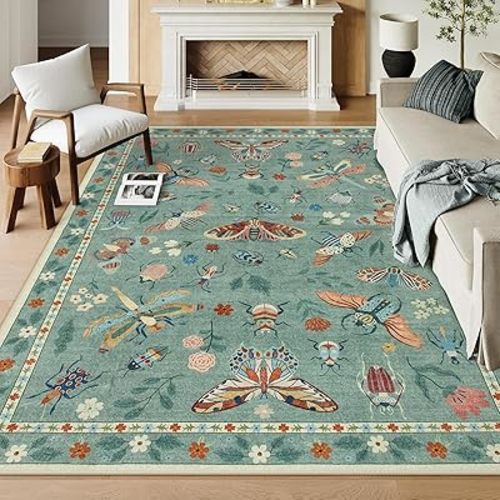 Lahome Insect 8x10 Area Rugs, Soft Washable Rugs 8x10 Living Room Green Rugs for Bedroom Dining Room, Ultra-Thin Modern Rug Stain Resistant Large Carpet for Kids Nursery (8'x10',Green)