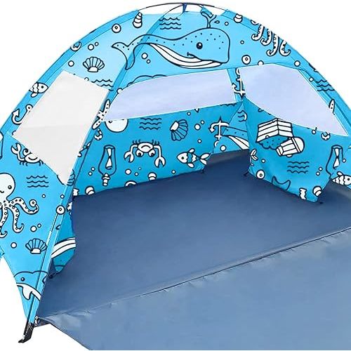 Ocean World 3-4 Person Family and Baby Beach Tent – Cool Beach Essentials for Shade, UPF 50+ UV Protection and PU800 Waterproof, Portable Pop Up Sun Shade Cabana Shelter for Kids and Toddlers,
