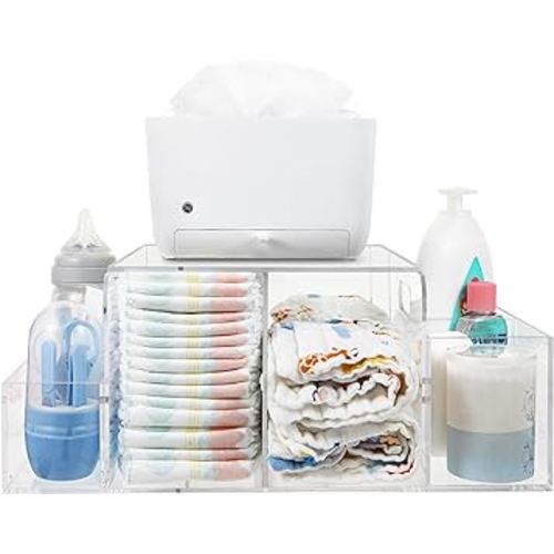 Acrylic Diaper Caddy, Baby Wipes Organizer for Changing Table, Dresser Top Tabletop Organizer with 4 Detachable Compartments, Anti-slip Rubber Feet, Newborn Baby Essentials, Clear
