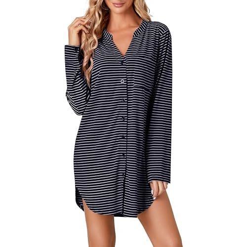 Vrtige Women's Striped Nightshirt Button Down Long Sleeve Nightdress Nightgown with Pocket