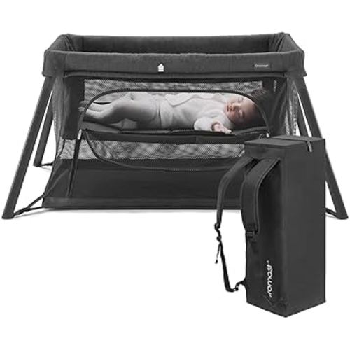 2 in 1 Portable Travel Crib for Toddler, Foldable Crib for Baby, Lightweight Playpen Collapsible Playard with Soft Mattress, Easy to Carry Baby Travel Bed for Outdoor, Indoor (Black)