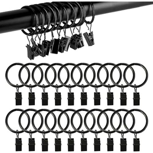 1.5 inch Curtain Rings, 20 Pcs Black Curtain Hook Clips, Metal Curtain Rings with Clips for Holding Curtains Rod Set and Drapes