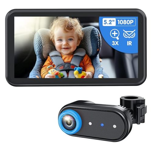 BM2A Baby Car Camera – 3X Zoom to See Baby Clearly, 5.2" 1080P Display & Auto IR Night Vision, Rear-Facing View Monitor, Easy Install for Parents & Pet Owners