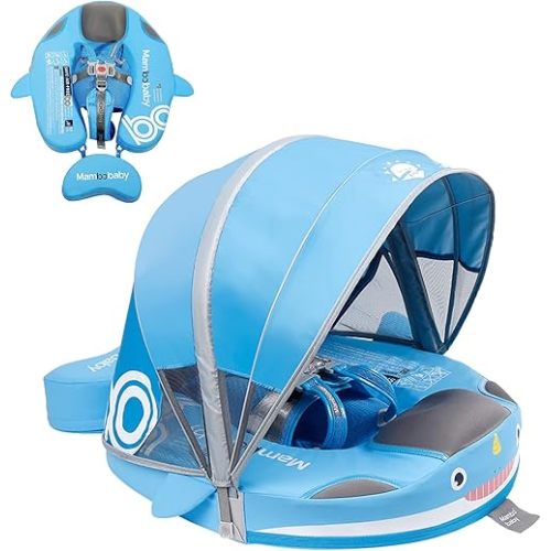 Mambobaby Floats with Canopy &Tail, Non-Inflatable Baby Float for Pool Add Tail Avoid Flip Swim Trainer Baby Floats for Toddler Boys Girls(Narwhal-Blue)