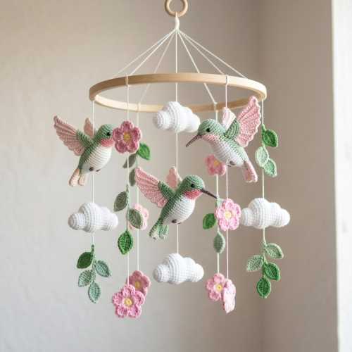 Hummingbird Mobile Nursery Bird Mobile, Pink Flower Crib Mobile Girl Rose Nature Baby Mobile Girl Tropical Garden Decorations