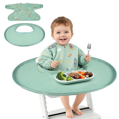 RICHER HOUSE Coverall Baby Feeding Bib, for High Chair Food Catcher, Long Sleeves Eating Bib for Highchair and Table, Detachable, Waterproof, Baby Bibs for Babies from 6 Months to 3 Years, Green
