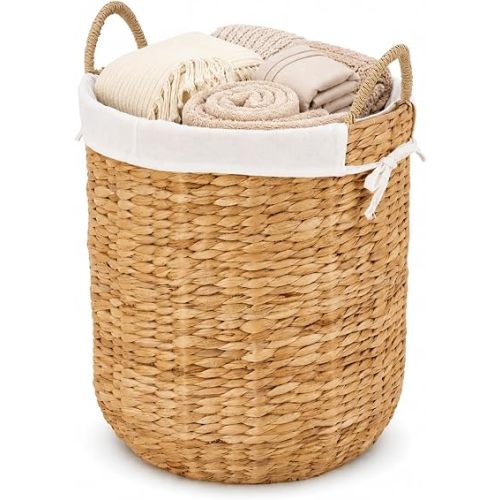 Round Woven Laundry Basket with Removable Liner, Handwoven Water Hyacinth Clothes Hamper Basket with Handles