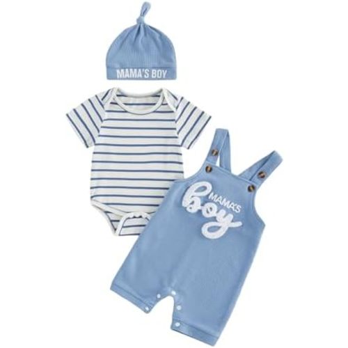 Newborn Baby Boy Fall Winter Clothes Striped Long Sleeve Romper Overall Pants Hat 3Pcs Set Cute Coming Home Outfit